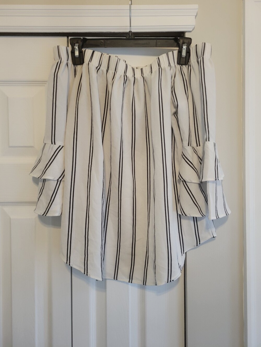 Moa Moa White Off-Shoulder Striped Blouse with Ruffle Bell Sleeves